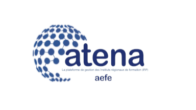 Logo de l'application ATENA de l'AEFE, avec la signature textuelle suivante : "La plateforme de gestion des instituts régionaux de fomation (IRF)"