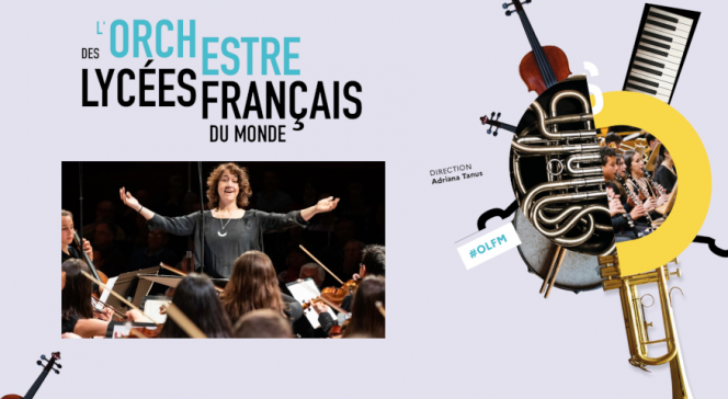 Identité graphique de l'Orchestre des lycées français du monde (composition graphique avec des photos d'instruments) et photographie de la cheffe d'orchestre, bras ouverts, dans une attitude bienveillante (composition d'instruments).